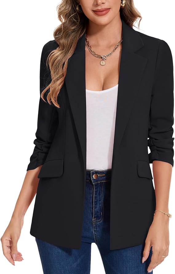 MINTLIMIT Womens Blazer Open Front Jacket 3/4 Ruched Sleeve Suit Front Lined Outerwear Notch Laple Flap Pockets