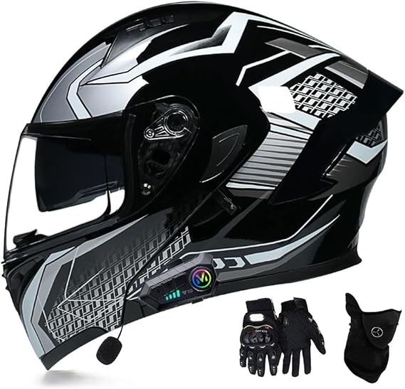 Bluetooth Modular Motorcycle Helmets with Gloves Mask, DOT Approved Full Face Motorcycle Helmet with Flip Up Dual Visor and Microphone for Adults Men and Women