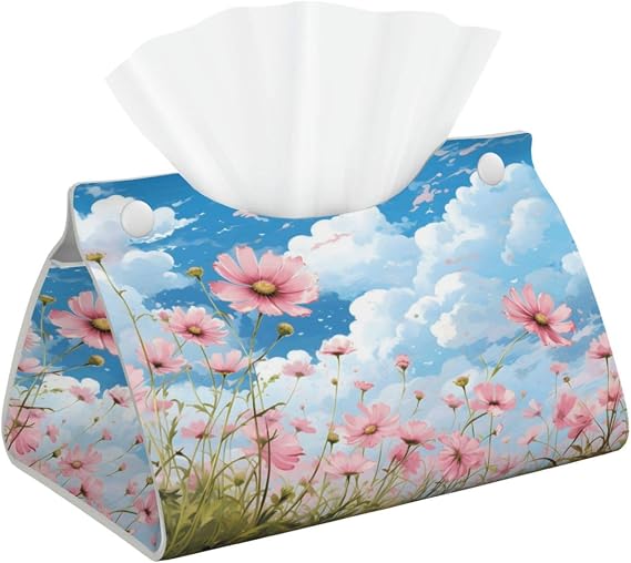 Decorative Rectangle Tissue Box Cover Pink Daisy Floral Faux Leather Waterproof Tissue Boxes Cube Holder for Bathroom Home