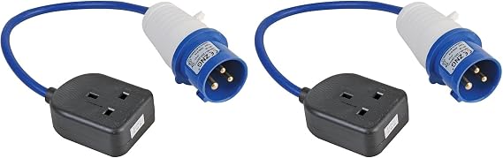 PRO ELEC 16A Mains Socket to CEE Plug Converter, 230V, Blue, 350mm (Pack of 2)