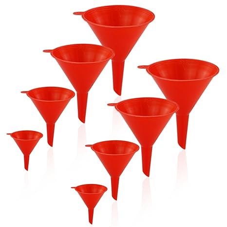 8 Pcs Plastic Funnel Set - Wide Mouth Filter for Filling Bottles, Containers in Kitchen, Laboratory, Garage and Cans - Red