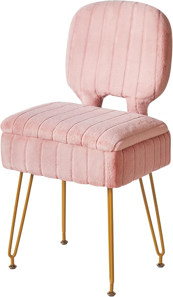 IBUYKE Vanity Stool with Storage, Folding Back Makeup Chair, Pink WBD030P