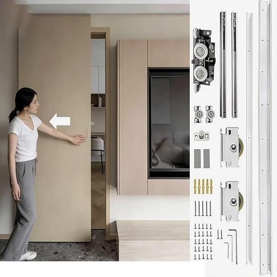Invisible Trackless Sliding Door Smooth, Silent & Space-saving Hidden Barn Door Hardware Kit with Soft Close Mechanism, Bypass Door Systems for Wooden Door(152cm/59.8in)