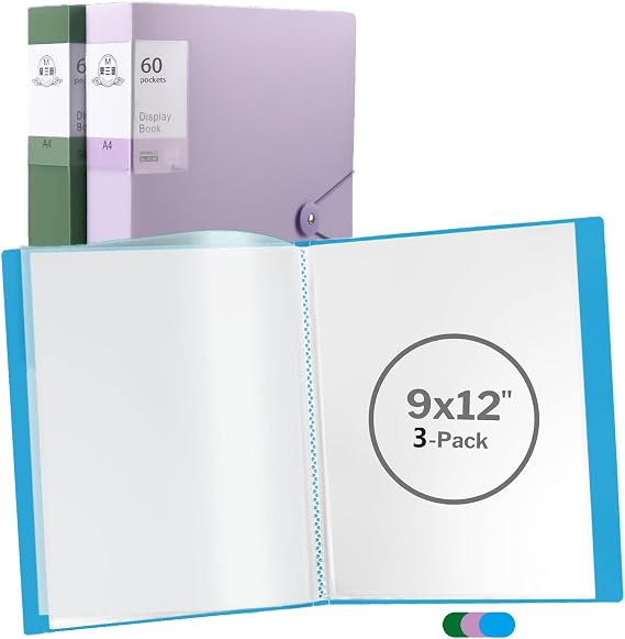 Display Book Folder A4 with 60 Plastic Pockets | 3 Pack Presentation Display Folders, Poly Pocket Folder & File with Plastic Sleeves for School, Office, Interviews, Financial Documents (3)