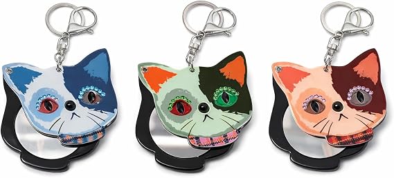 JRose Collections Cat Keychain Compact Mirror 3 Pack, Cute Folding Purse Mirror Keyring Set, Portable Travel Makeup Key Chain, Rhinestone Cat Face Bag Charm Accessory for Handbag Backpack Keys 7cm