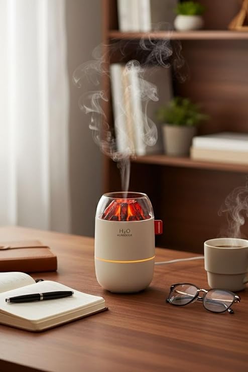 BUFFER Ahşap Odun Ateşi Tasarımlı Ultrasonik Hava Nemlendirici ve Aroma Difüzör, 280 ml, LED Işıklı, Soğuk Buhar Makinesi
