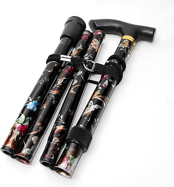 OBD 1 x Adjustable Folding Walking Stick Lightweight Aluminium Cane with Floral Design Sturdy Support Walking Aid for Men Women Elderly Travel (Black)