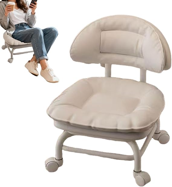 Rolling Low Stool with Backrest, 360° Swivel Chair, Padded Seat with Silent