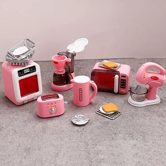 Mini Kitchen Appliances Set, Miniature Oven Kettle Coffee Machine Microwave Toaster Mixer, Miniatur Kitchen Utensils 1:12 Mini Accessories Decoration Pink