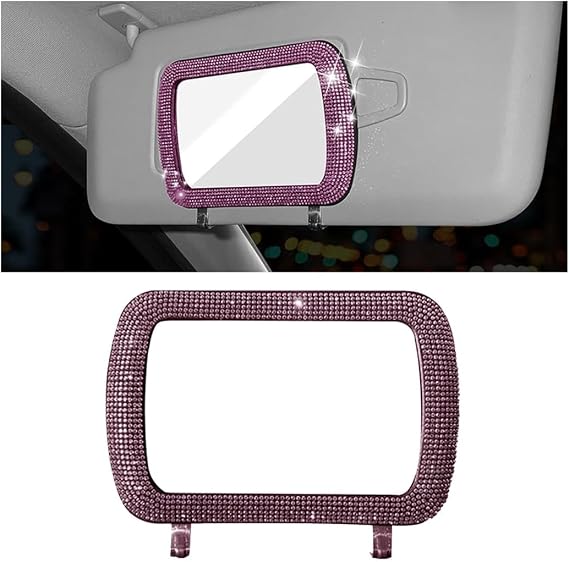 Bittwee Car Sun Visor Mirror, Bling Reinestone Crystal Visor Makeup Vanity Cosmetic Mirror Clip for Women Girls, Automotive Mirror Light Sun Shading Universal for SUV, Truck, RV and More（Pink）
