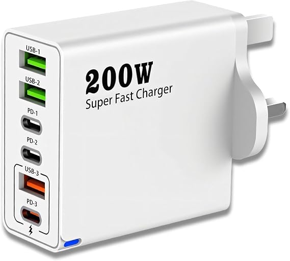 200W USB C Charger Station with 6 Ports, USB c Multi Charger with PD 100W/65W/45W/20W Fast Charging Multi Charger usb Plug uk