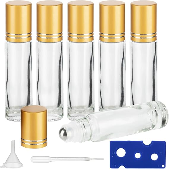10ml エッセンシャルオイルローラーボトル 6個パック エッセンシャルオイル用クリアオイルローラーボトル ステンレススチールボール付きロールオンボトル ラベル6枚、オープナー、漏斗、スポイト付き