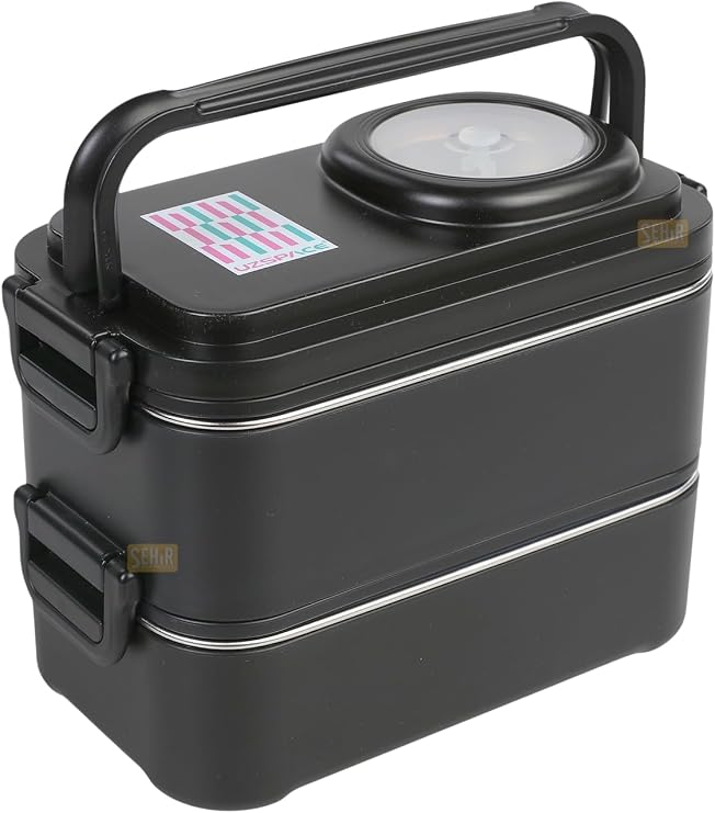 Uzspace 1200ml Lunchbox 2 Katlı 4 Bölmeli Mini Kaseli Çelik Sefer Tası Yemek Kutusu (Siyah)