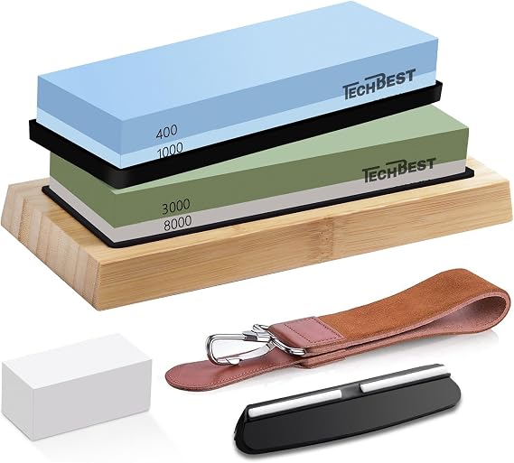 Whetstone Knife Sharpener - Dual Grit 400/1000 3000/8000 Knife Sharpening Stone Kit with Non-Slip Rubber Base, Angle Guide, Flattening Stone, and Leather Strop