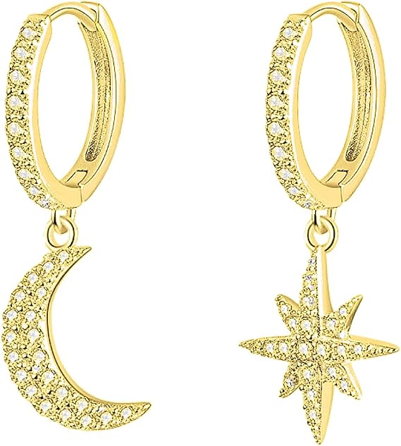 Womens Moon Star Dangle Small Hoop Cubic Zirconia Earrings Girls Sterling Silver Crystal Asymmetrical Snowflake Crescent Drop Mini Cartilage Clip Jewelry Delicate Birthday Gifts