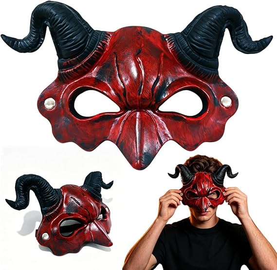 Halloween Half Face Demon Mask, Scary Devil Mask with Ram Horns, Red Half Face Scary Ghost Demon Mask with Horns Halloween Costume Accessories for Men Women, Cosplay Party Decoration