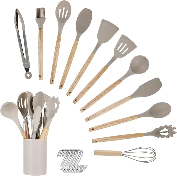 Kitchen Utensil Set - 12-Piece Silicone Kitchen Utensil Set with Cutlery Box - Wooden Handle Kitchen Helper Heat-Resistant Non-Stick & Dishwasher Safe - Kitchen Utensil (Khaki)