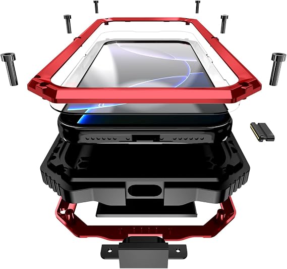 Simicoo ミリタリーメタルヘビーデューティーケース iPhone 17 Pro Max用 落下保護 頑丈なディフェンダー メタルバンパースクリューケース スタンド付き ゴリラガラスカメラカバー フルボディ防塵保護カバー レッド