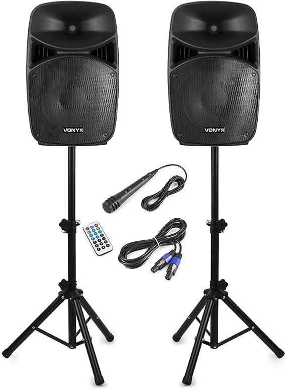 Vonyx VPS152A 15" Active PA DJ Speakers with Bluetooth, Speaker Stands & Wired Microphone - 500W RMS Powered System with Active/Passive Pair, Ideal for Parties & Beginner DJs