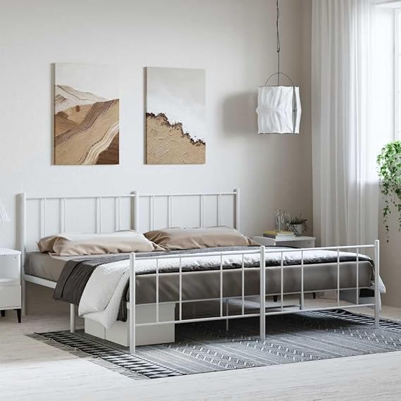 Double Bed Frame with Headboard, Heavy Duty King Size Metal Platform Bed Frame, Steel Black Bedroom Furniture for Master Guest Room（White,183 x 213 cm,with headboard & footboard）