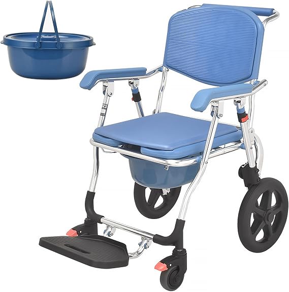 Self Propelled Commode Shower Wheelchair, Bedside Commode Toilet Chair with Wheels, Foldable 3 In 1 Multifunctional Aluminum Rolling Transport Chair for Handicap & Elderly