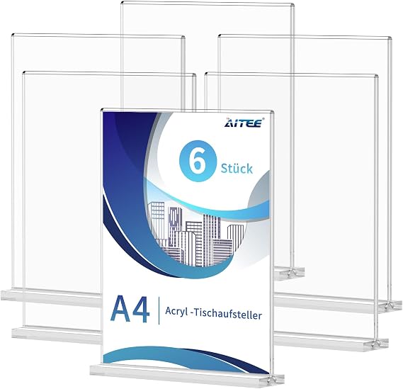 AITEE Table Stand A4 Acrylic Pack of 6 T-Stands for Brochures Advertising