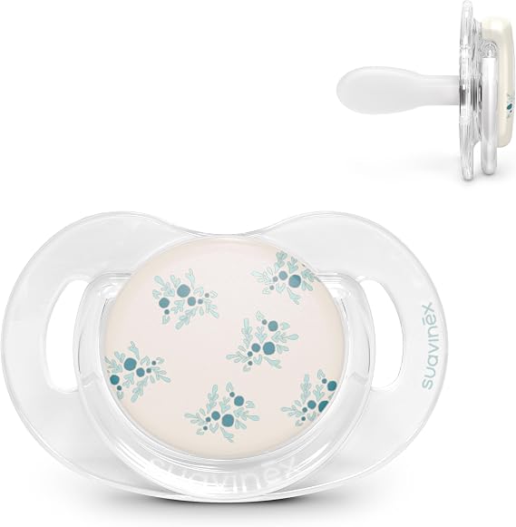 Suavinex, Pacifier for Babies 6/18 Months, Physiological Silicone Teat SX Pro, Flat, Symmetrical and Flexible, Respects Oral Development, with Ring, Transparent Shield, Blue Poetry