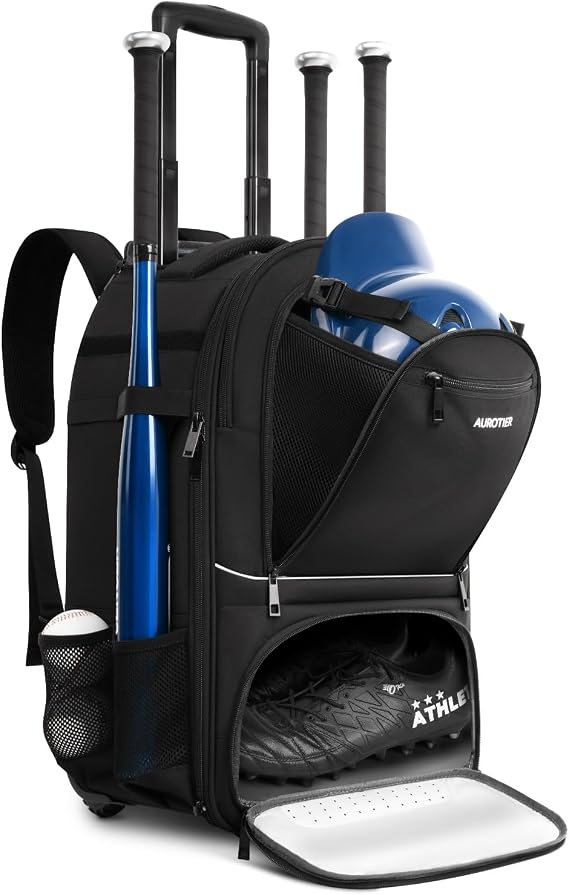 AUROTIER Rolling Baseball Bat Bag for Youth & Adult, Lightweight Softball Equipment & Gear Backpack with Shoe, Helmet, Glove Compartment and Fence Hook