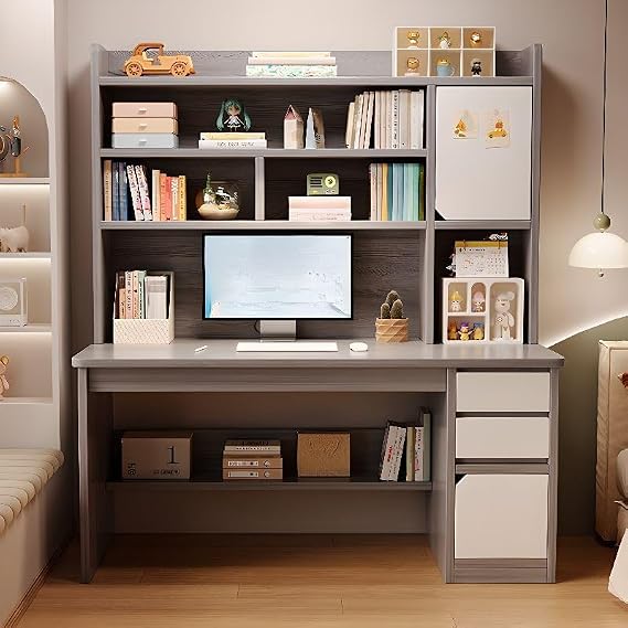 Simple Computer Desk with Hutch & Filing Cabinet, Modern Study Table for Home Office, Natural Finish, 39" L x 18" W x 64.5" H, Space-Saving Shelving Unit