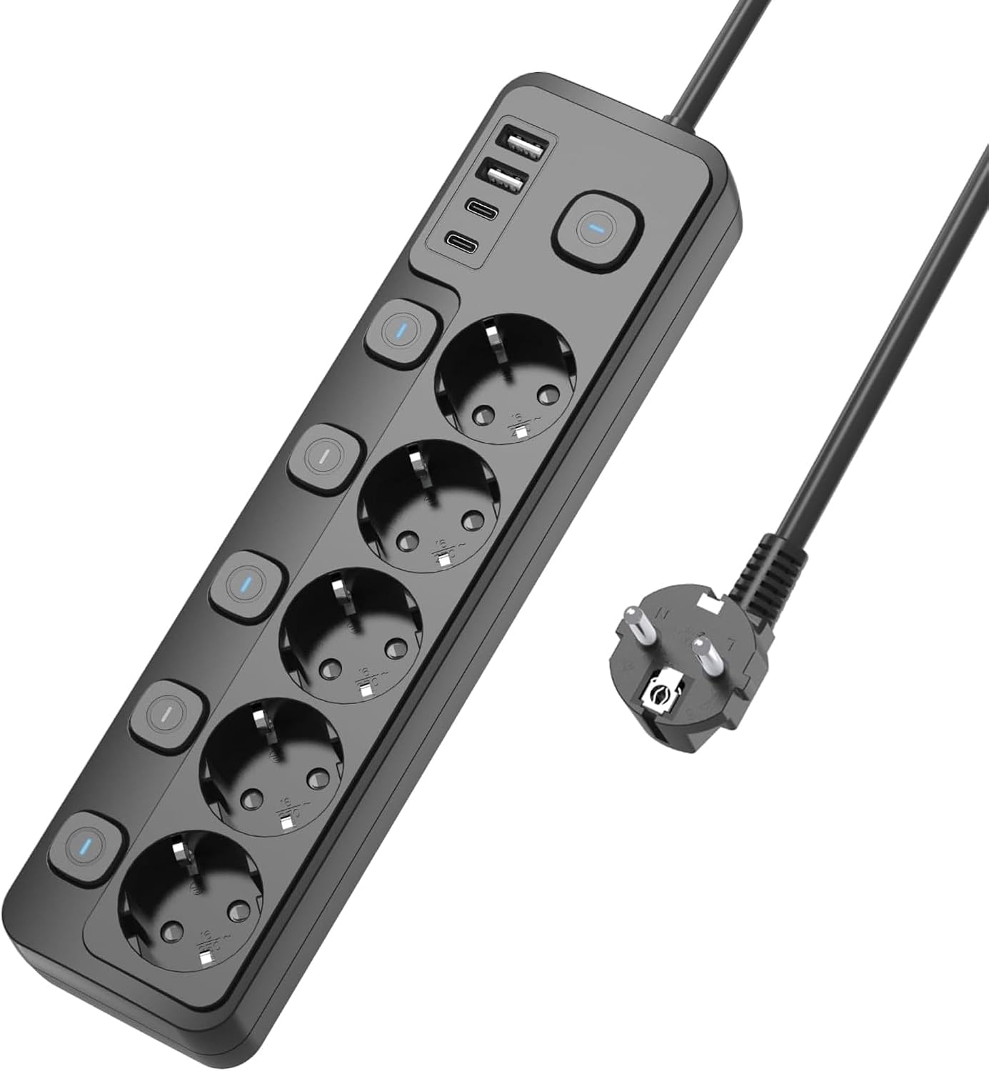 Akım Korumalı Çoklu Priz, 2 Adet USB, 2 Adet Type-C Girişi, 5 Adet AC Girişi, Hızlı Şarj Desteği, 2M Kablo Uzunluğu, Ayrı Aç-Kapa Tuşları, Tüm Elektronik Cihazlar İle Uyumlu 9 Portlu Priz Çoğaltıcı