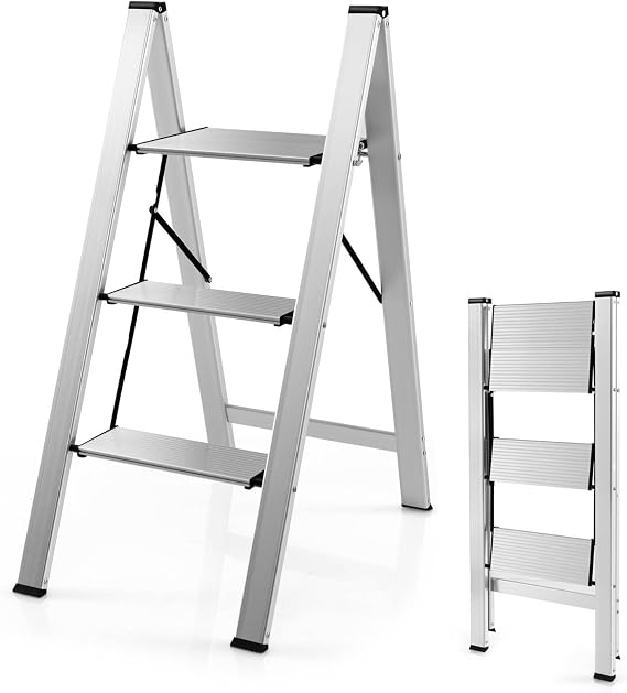 COSTWAY 2/3 Folding Step Ladder, Aluminum Tread Stepladder with Anti Slip Pedal and Footpads, 150kg Capacity Portable Safety Household Ladder Stool (3 Step)