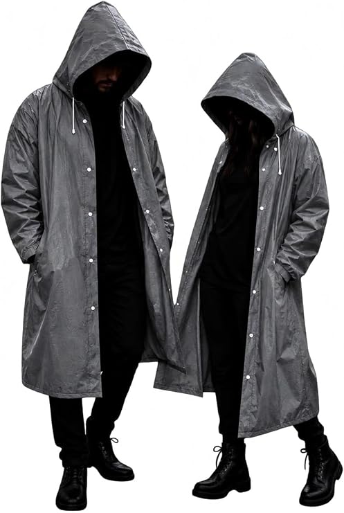 Gri Unisex Kapüşonlu Su Geçirmez Rüzgar Geçirmez Yağmurluk