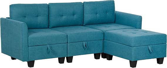 HOMCOM Convertible Modular Sectional Sofa with Storage, Tufted 3 Seater Sofa Set, L Shaped Couch with Ottoman, Wood Frame for Living Room, Light Blue