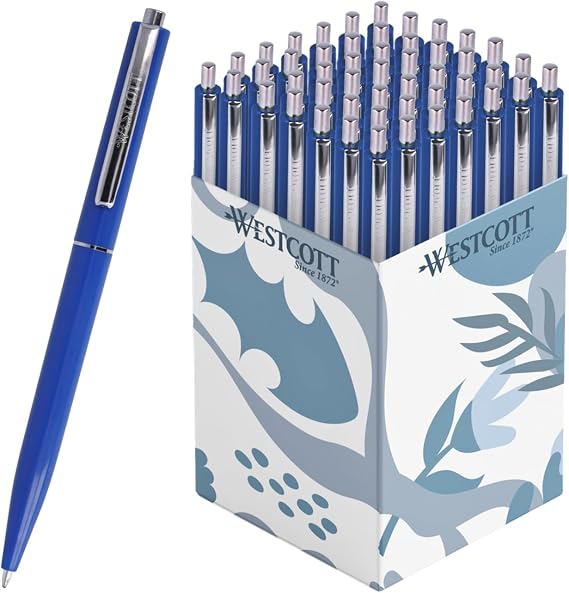 Westcott Alltime Ballpoint Pen Blue Pack of 50 Value Pack Retractable Ballpoint Pens with Blue Ink Line Width M with X20 Standard Refill Permanent ISO 12757-2 Sturdy Metal Clip E-737456 00