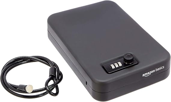 Amazon Basics Portable Security Lock Box Safe with Combination Lock for Documents and Jewelry, Large, Black