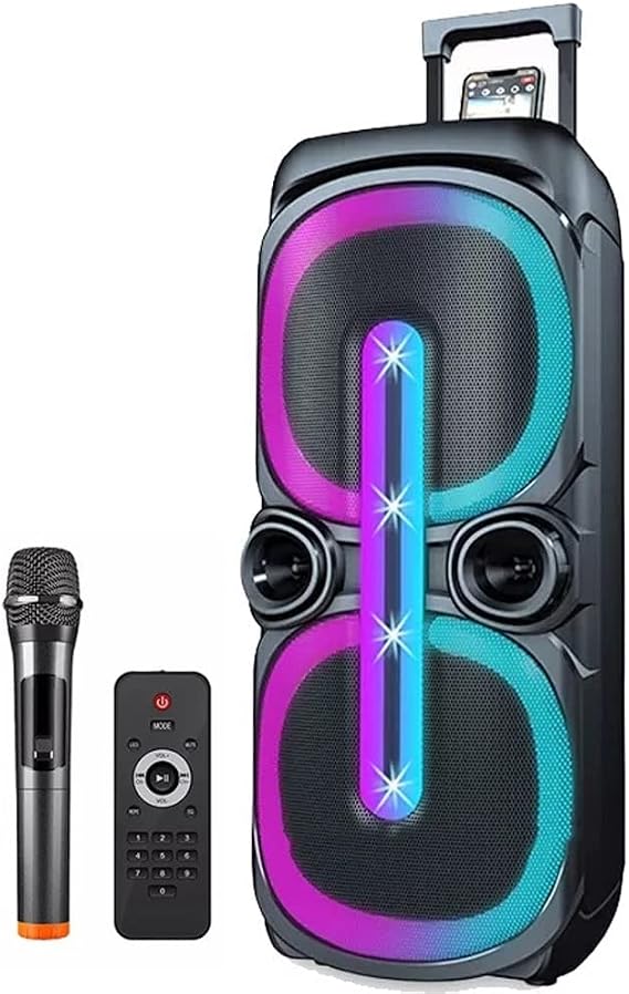 Coverzone Çekçekli Bluetooth Hoparlör Rgb Led Işıklı 40W Kablosuz Bluetooth Aux Tf Kart Usb 10''*2 Subwoofer Boombox 1x Mikrofon Kumanda Boombox D-2101