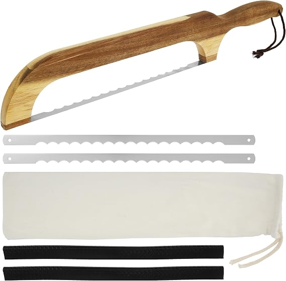 Bread Slicer Bread Bow Saw for Slicing, 42.5cm Bread Cutter Serrated Bagel Cutter Wooden Bread Bow Cutter with Replacement Blades Sourdough Bread Slicer for Bagels Bread Baguettes (w/ Blade2)