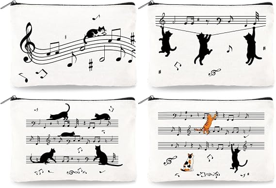4Pcs Music Note Cat Printed Canvas Makeup Bags, 23x15cm Cute Animal Cosmetic Bags with Zipper for Women, Black White Toiletry Storage for Travel Organizer Coin Purse