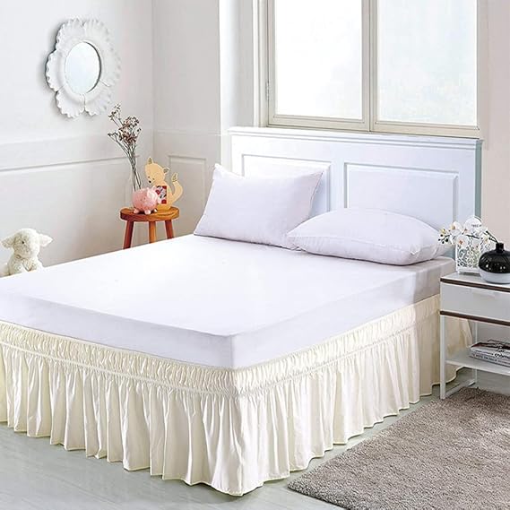 Polyester Wrap Around Bed Skirt with Ruffles Elastic Bed Valance Sheet Bedding Elastic Bed Skirt Three Fabric Sides with 15 Inch Drop (Single (100 x 200cm), Beige)