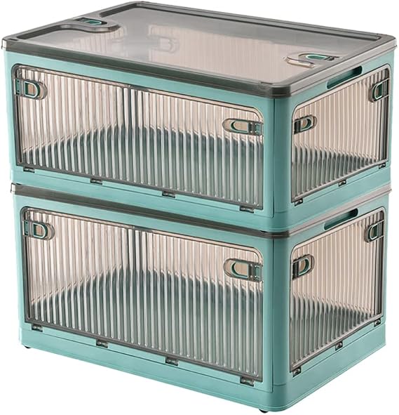 Creahaus 2Pack Storage Boxes with Lids, 28L Stackable Bins for Storage with Wheels, Folding Storage Boxes with Five Doors, Storage Containers Organizer for Bedroom Living Room Study Office(Blue)