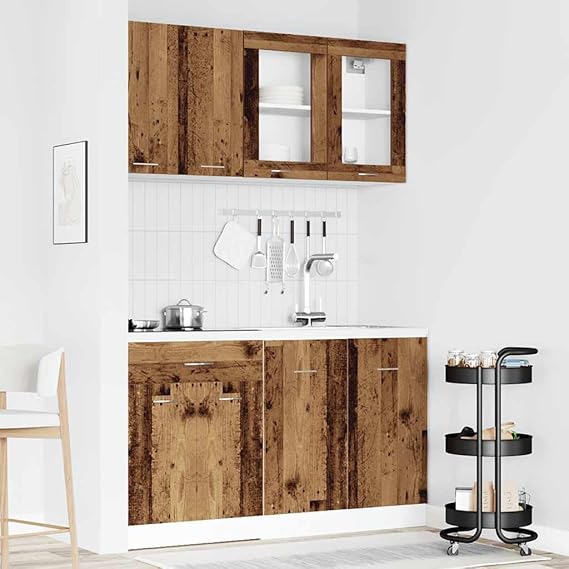 HUAKEHOM Lyon Kitchen Cabinet Set with Drawers 4 Pieces Stylish Kitchen Rectangular Design Lots of Storage Space Modern Cabinet Wall Shelf Easy to Assemble Old Wood Look Wood Material