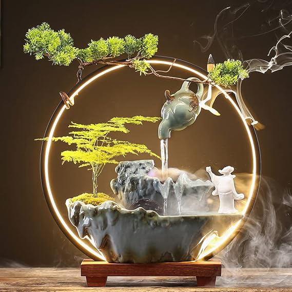 Interior Tabletop Fountain LED Water Waterfall Groom Feng Shui Tabletop Fountain Indoor Feng Shui Home Decor Desktop Fountain Entrance Figurine Desktop Decoration Craft Luck Meditation Humidifier