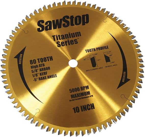 SawStop BTS-P-80HATB 80-Tooth Titanium Series Premium Woodworking Blade, 10-Inch with 5/8-Inch Arbor