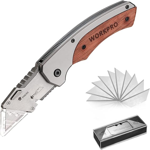 WORKPRO Utility Knife, Utility Knife, Folding Cutter, Liner Lock, Wood Handle, Belt Clip, SK5 with 10 Replacement Blades