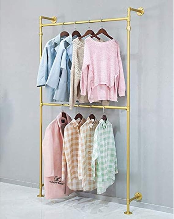 Modern Simple Industrial Metal Pipe Hanging Rods Clothing Garment Rack,Retail Display Wall Mounted Storage Clothes Hanging Shelf (Gold)