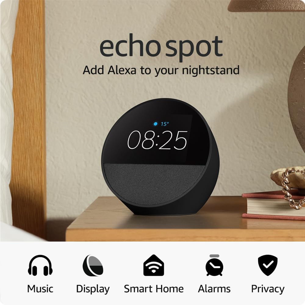 Echo Spot newest gen, Smart alarm clock with vibrant sound  Alexa, Black