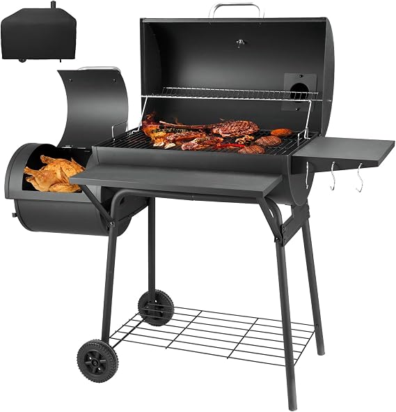 Charcoal BBQ with Offset Smoker, Oil Drum Camping Barbecue Charcoal Barrel