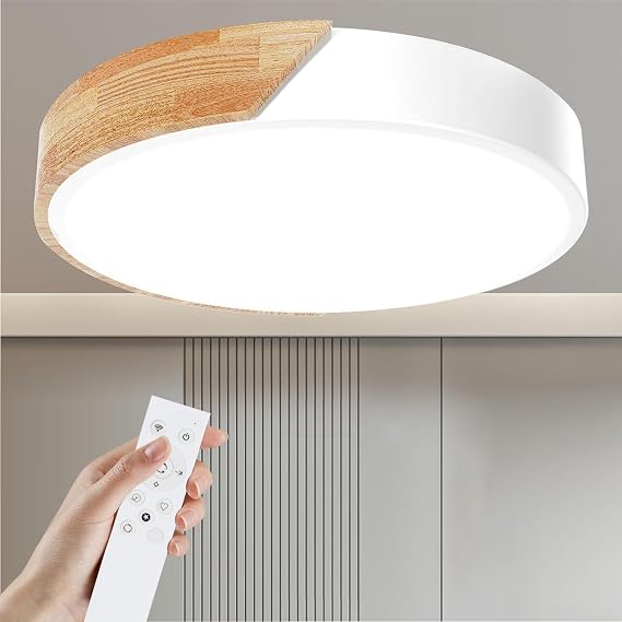 Yexati Ceiling Light Wood,Dimmable Ceiling 3000K-6000K,Remote Controlled Led Ceiling Light,24W Modern Light Fixture for Living Room, Bedroom and Hallway, 30CM，White [Energy Class E]