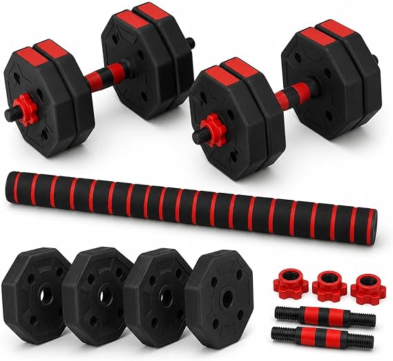 Adjustable Octagonal Dumbbell Set with Barbell Connector, Free Weights Home Gym Strength Training Fitness Equipment, Non-Roll Hand Weights for Men and Women, Full Body Workout Exercise Kit, Weight Set