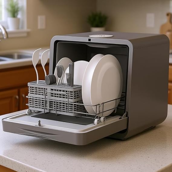 Table Top Dishwasher, Mini Countertop Dishwasher with 7 Programs, Built-in 5L Water Tank, Dual Water Supply, 24H Delay, No Plumbing, Baby Care, Drying Cycle, Fruit Wash (Grey) [Energy Class C]